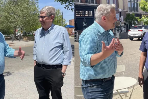 Democratic U.S. Rep. Eric Sorensen, with Mayor Chris Koos of Normal, left, and Mayor Mboka Mwilambwe of Bloomington, visited the Twin Cities on Friday, May 5, for a walking tour of both communities.
