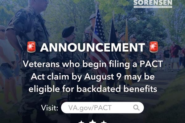 Announcement: Veterans who begin filing a PACT Act claim by August 9 may be eligible for backdated benefits. Visit VA.gov/PACT