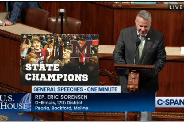 Congressman Eric Sorensen delivers a speech on the floor of the House of Representatives recognizing the Moline High School Maroons boys’ basketball team
