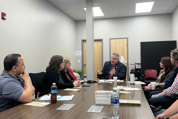 Congressman Eric Sorensen (IL-17) speaks at a roundtable event with Peoria-area veterans.