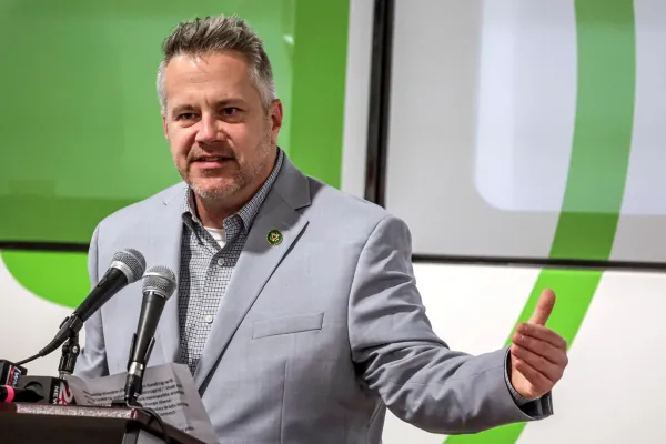 U.S. Rep. Eric Sorensen speaks on Jan. 18 during a news conference to discuss federal funding previously awarded to Connect Transit in Bloomington-Normal.