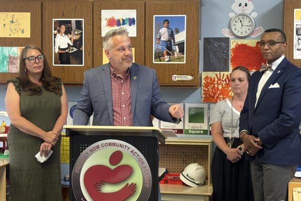 Rep. Eric Sorensen (IL-17) speaks at a press conference at a Head Start location in the Quad Cities.