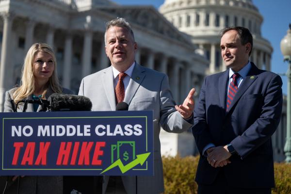 Congressman Eric Sorensen, Congressman Wiley Nickel, and Congresswoman Brittany Pettersen speak to reporters about the national sales tax disapproval resolution outside the U.S. Capitol.