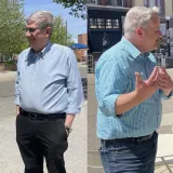 Democratic U.S. Rep. Eric Sorensen, with Mayor Chris Koos of Normal, left, and Mayor Mboka Mwilambwe of Bloomington, visited the Twin Cities on Friday, May 5, for a walking tour of both communities.