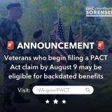 Announcement: Veterans who begin filing a PACT Act claim by August 9 may be eligible for backdated benefits. Visit VA.gov/PACT