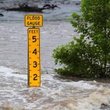 Image of flood water at a flood gauge.