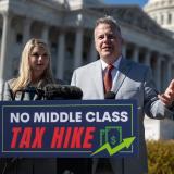 Congressman Eric Sorensen, Congressman Wiley Nickel, and Congresswoman Brittany Pettersen speak to reporters about the national sales tax disapproval resolution outside the U.S. Capitol. 